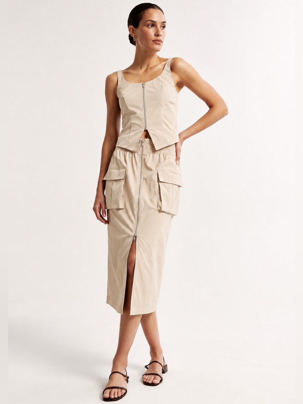 Abercrombie & Fitch Cargo Zip Midi Skirt Cream Size Medium Tall NWT